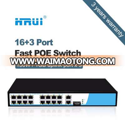 Hongrui manufacturer 150W 1000M 3 uplink ports +10/100m 16 Port PoE Switch For IP Camera Wireless AP